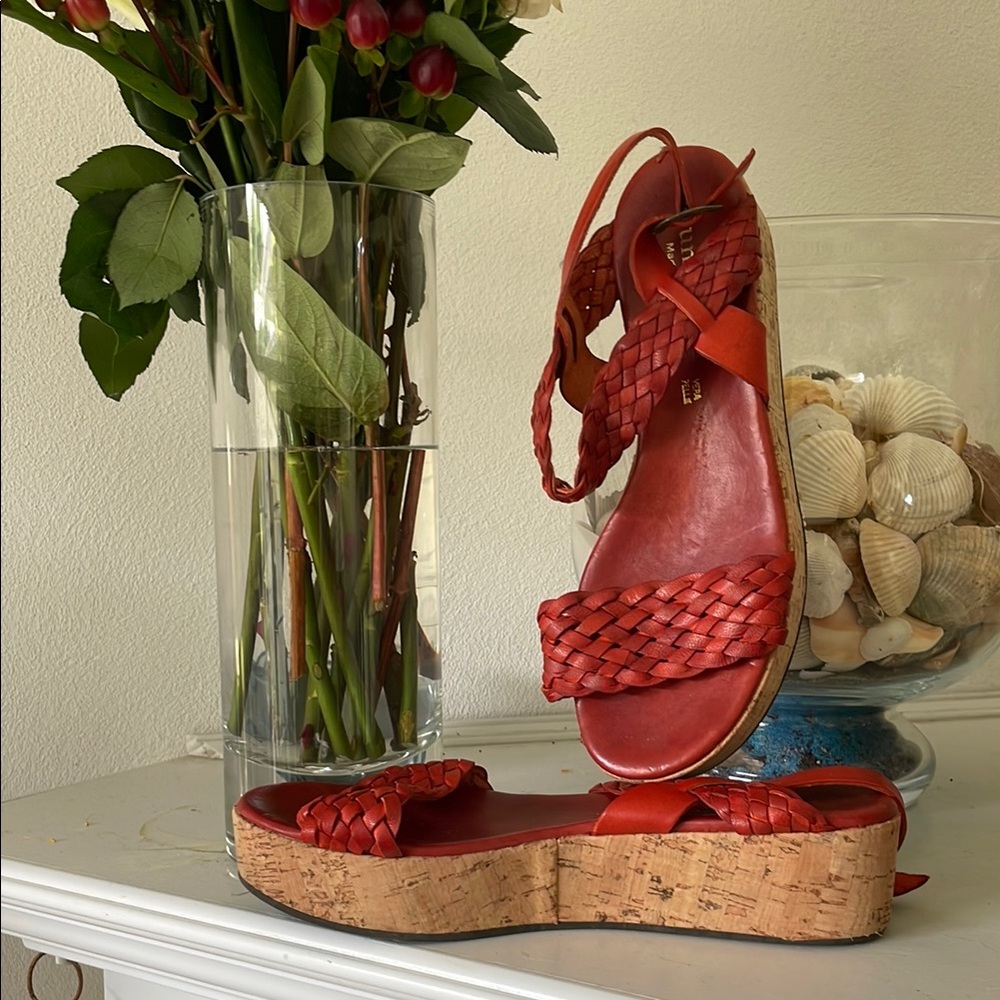 Woven Leather Platform Sandals - Red